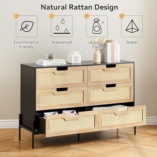 IDEALHOUSE 6 Drawers Dresser for Bedroom, Natural Rattan Drawer with Spacious Storage, Wood Chest of Drawers with Metal Legs for Bedroom, Living Room, Hallway, Entryway (Black, 6 Drawers Dresser) IDEALHOUSE