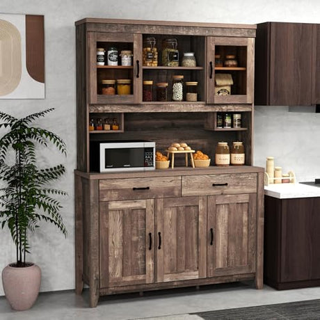 SILKYDRY 78.5" Tall Kitchen Hutch Storage Cabinet, Large Buffet Cupboard with Glass Doors, Drawers, Adjustable Shelves, Wooden Kitchen Pantry Cabinet with Microwave Shelf for Home Coffee Bar SILKYDRY