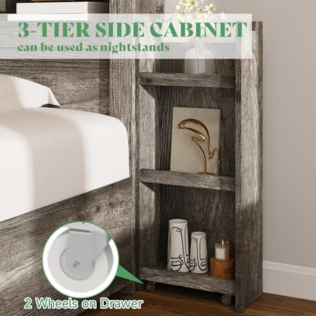 AMERLIFE Queen Bed Frame with 4 Storage Drawers, LED Bed Frame with 49“ Tall Bookcase Headboard, Wood Platform Bed with Charging Station & 2 Slide Bedside Shelf, No Box Spring Needed/Rustic Grey AMERLIFE