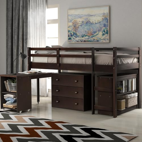 Harper & Bright Designs Twin Size Low Loft Bed with Rolling Portable Desk and Storage Cabinet, Wooden Low Study Loft Bed with Drawers, for Kids Teens Girls Boys - Espresso Harper & Bright Designs