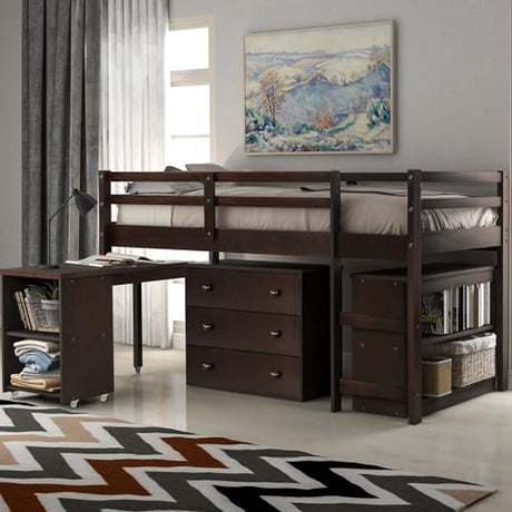 Harper & Bright Designs Twin Size Low Loft Bed with Rolling Portable Desk and Storage Cabinet, Wooden Low Study Loft Bed with Drawers, for Kids Teens Girls Boys - Espresso Harper & Bright Designs