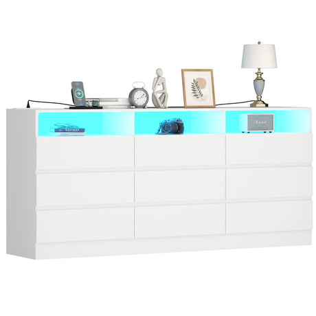 Gyfimoie 9 Drawer Dresser with Power Outlet and LED Light, Modern Storage Dresser for Bedroom, Living Room Gyfimoie