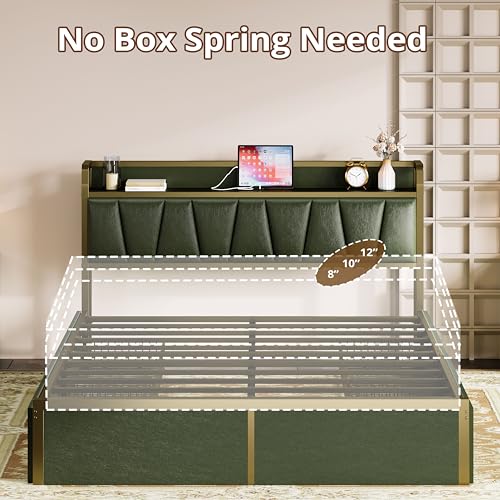 LIKIMIO Queen Bed Frame with 4 Storage Drawers, Platform Bed with Charged Headboard, Sturdy and Stable, No Noise, No Box Spring Needed, Easy to Install, Dark Green LIKIMIO