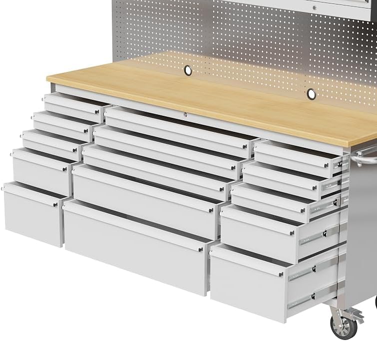 72 Inch Garage Tool Cabinet with 15 Drawers, Garage Workbench/Storage Cabinet, Rolling Toolbox Stainless Steel Tool Bench with Locking System, Metal Construction, Workshop/Garage/Home GAOMON