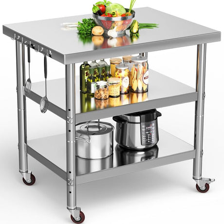 YITAHOME NSF Stainless Steel Table, 36" X 24" Work Table with Wheels, 3 Shelves Metal Table Prep Table for Home Kitchen Restaurant Garage Warehouse Outdoor YITAHOME