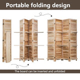 FDW 4 Panel Room Divider Folding Privacy Wooden Screen with Three Clever Shelf Portable Partition Wood Divider for Home Office, Natural Wood FDW