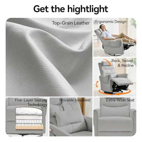 AIRSKY Leather Recliner Chair, Top Grain Leather, Italian Water-Washing Process, Movable Headrest,Recliner Chairs for Adults, Nursery Rocking Chairs,Swivel Rocker Recliner, Living Room Chair,Grey,R3 AIRSKY