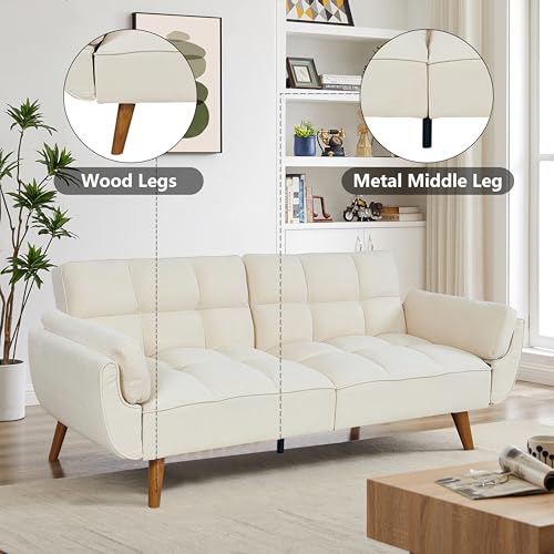 Betoko Convertible Futon Sofa Bed Sleeper Twin Size, Modern Reclining Linen Split Back Sofa Couch with Pillow Top Arm for Compact Living Room,Apartment (Beige) Betoko