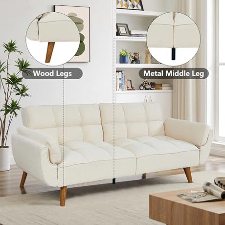 Betoko Convertible Futon Sofa Bed Sleeper Twin Size, Modern Reclining Linen Split Back Sofa Couch with Pillow Top Arm for Compact Living Room,Apartment (Beige) Betoko