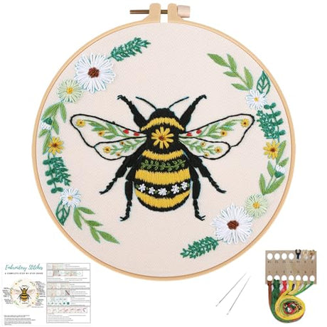 Louise Maelys Bees Embroidery Kits for Beginners, DIY Cross Stitch Starter Craft Kit for Adults Including Cloth with Pattern, Hoop, Needles Instruction and Threads Louise Maelys