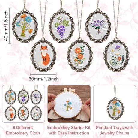 ACRNIGHEET 6Sets Flower Embroidery Pendant Kit, Mini Embroidery Kit for Adults, Animals Cross Stitch Kits for Beginner Include Hoop Stamped Floral Cloth Instructions, Adults Craft Kits Creative Gifts ACRNIGHEET