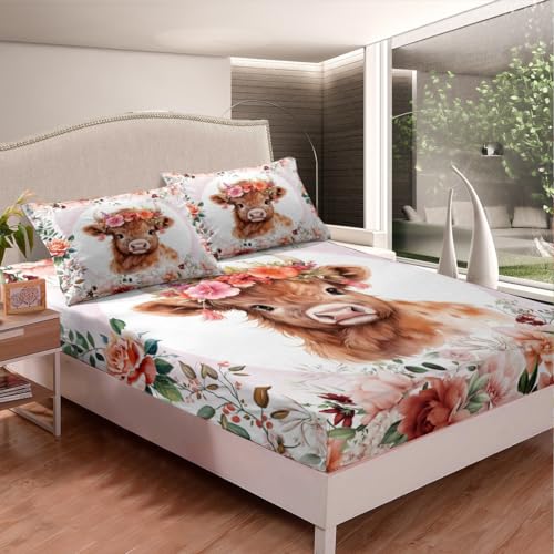 Feelyou Cute Highland Cow Sheet Set King Size Kids Cartoon Animal Sheets with Deep Pocket Fitted Sheet for Boys Girls Teens Flower Floral Print Bed Sheets Set Farm Zoo Garden Theme Bedding Set Feelyou