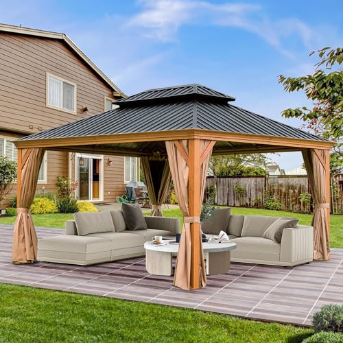 Domi 12x14FT Hardtop Gazebo with Netting & Curtains, Outdoor Aluminum Frame Gazebo with Galvanized Steel Double Roof, Outdoor Permanent Metal Pavilion for Patio Deck Lawn and Garden, Wood-Looking domi outdoor living