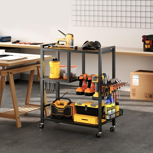 MAHANCRIS Power Tool Organizer, Power Tool Cart with Wheels, Garage Storage Organization, 6-8 Drill Rack Shelf Tool Holder, Rolling Tool Cart Mobile Open Tool Chest Cabinet Box for Workshop TCHR9901