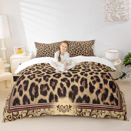 Brown Leopard Print Duvet Cover Set King Size,Kids Girls Woman Novelty Room Decor,Abstract Wild Animal Skin Comforter Cover,Paisley Floral Boho Bedding Set,Rustic Retro Quilt Cover,2 Pillowcases Homewish