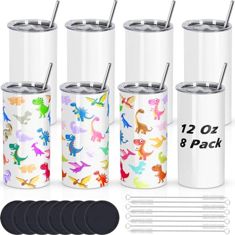 Draheri 12 Oz Sublimation Tumblers Blanks Bulk, Sublimation Cups for Kid with Straw and Brush, Stainless Steel Double Wall Insulated Sublimation Mugs, Individually Boxed (8 Pack) Draheri
