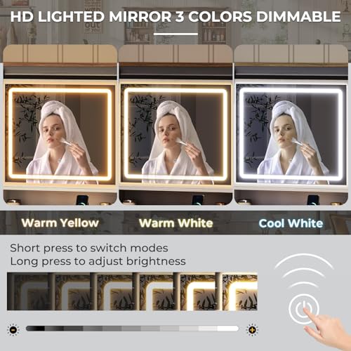 Farmhouse Makeup Vanity Desk with Sliding Mirror and Lights, 47.2" Big Vanity Table with Charging Station, Makeup Desk with 5 Drawers & 2 Cabinets, White MSmask