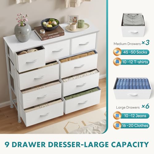 OLIXIS 9 Drawer Storage Dresser with Wood Top - Wide Fabric Chest Organizer for Bedroom, Closet, Living Room,Tower Cabinet, TV Stand, Hallway Entryway Furniture,Bright White OLIXIS