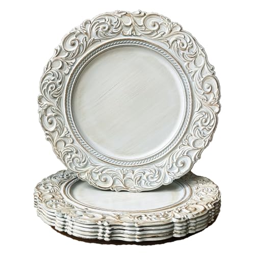 Umisriro Antique Charger Plates, 13 Inch White Dinner Plate Chargers Round Server Ware. Set of 6 Plastic Embossed Charger for Dinner, Party, Wedding, Elegant Tableware Decoration. (White) Umisriro