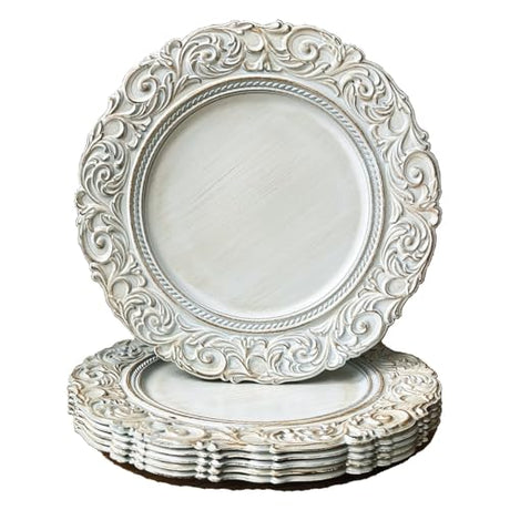 Umisriro Antique Charger Plates, 13 Inch White Dinner Plate Chargers Round Server Ware. Set of 6 Plastic Embossed Charger for Dinner, Party, Wedding, Elegant Tableware Decoration. (White) Umisriro