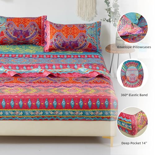 Boho Sheet Set California King Size, 4PCS Bohemian Colorful Tribal 16 Inch Deep Pocket Boho Indian Bedding Sheets, Soft Microfiber Bed Sheet Set Cal king(1 Fitted Sheet, 1 Flat Sheet, 2 Pillowcases) DJY