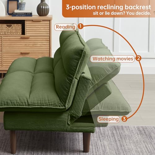 Portaforta 72" Convertible Futon Sofa Bed, Loveseat Sofa, Corduroy Folding Futon Set with Adjustable Backrest &Armrests, Recliner Lounge for Living Room, Apartment or Office, Solid Wood Frame, Green Portaforta