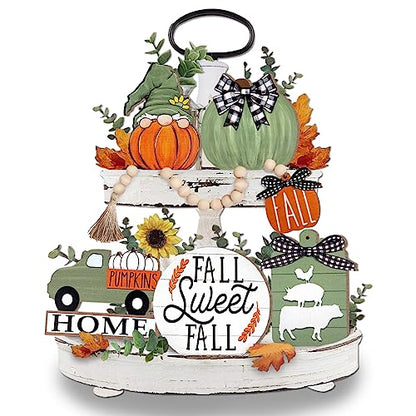 Uruney Fall Tiered Tray Decor, Green Farmhouse Pumpkin Tray Decorations, Gnome Truck Buffalo Plaid Wooden Signs Bead Garland, Rustic Thanksgiving Harvest Autumn Decorations for Home Table She - WoodArtSupply