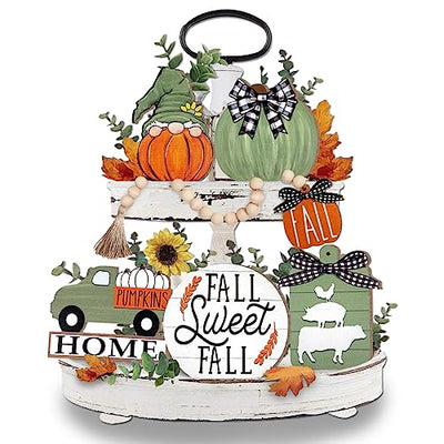 Uruney Fall Tiered Tray Decor, Green Farmhouse Pumpkin Tray Decorations, Gnome Truck Buffalo Plaid Wooden Signs Bead Garland, Rustic Thanksgiving Harvest Autumn Decorations for Home Table Shelf