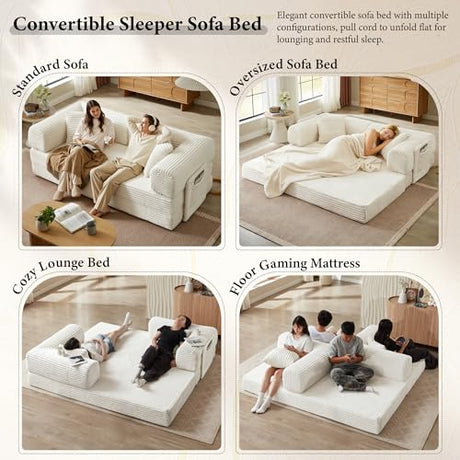 AUGOP Boneless Couch Folding Couches for Living Room Sofa, Futon Sofa Bed with Sleeper Sofa, Futon Couch with Fixed-Shape Oversized Corduroy Upholstered (White, 81 Inches) AUGOP