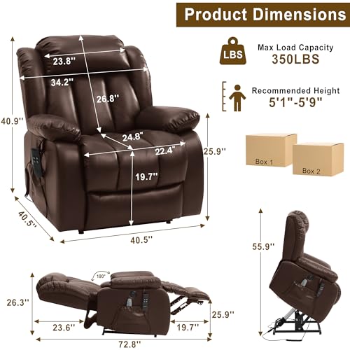 MEROUS Dual Motor Power Lift Recliner Chair for Elderly, Infinite Position Lay Flat Lift Chair with Massage and Heat, USB Ports, Leather (Brown)