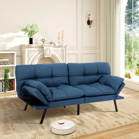 MUUEGM Futon Sofa Bed Memory Foam Navy Blue Futons Modern Office Couch Sleeper Bed Convertible Love seat Sofa for Small Spaces,Apartment,Office with Adjustable Armrest Backrest MUUEGM
