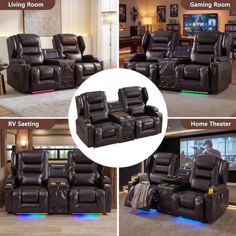 Loveseat Recliner Sofa, Power Reclining Loveseat Sofa Couches with Center Console, Bluetooth Speaker, LED Lights, Cup Holder, PU Leather Wall Hugger Recliners for Living Room, RV, Home Theater, Brown BIAOZHIKE