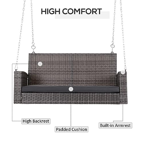 Outsunny 2 Person Wicker Hanging Swing Bench, Front Porch Swing Outdoor Chair with Cushions 550 lbs. Weight Capacity for Backyard, Garden, Grey - WoodArtSupply