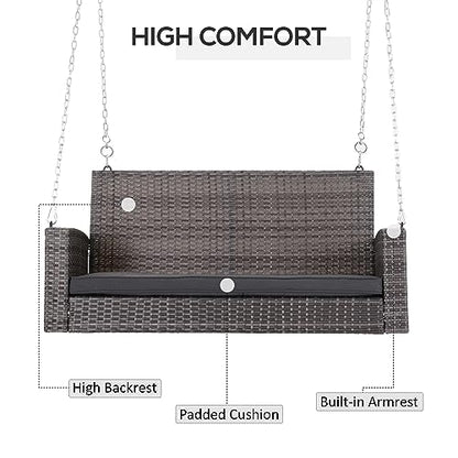 Outsunny 2 Person Wicker Hanging Swing Bench, Front Porch Swing Outdoor Chair with Cushions 550 lbs. Weight Capacity for Backyard, Garden, Grey - WoodArtSupply