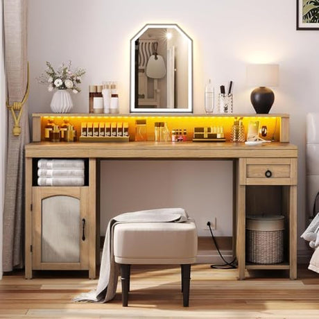 DWVO Farmhouse Office Desk with Drawer & Power Outlets, Rattan Computer Desk w/LED Strip & Monitor Stand for Bedchamber Study, Home Office Table w/Storage Cabinet for Working Writing Gaming (Oak) DWVO