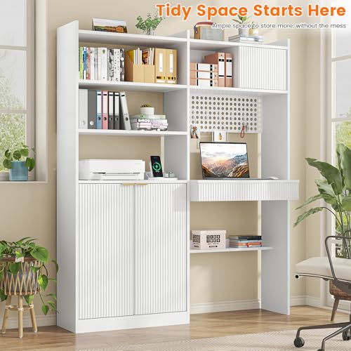 kepptory 63" Tall Computer Desk with Hutch, Fluted Wood Computer Desk, Featuring Charging Station, Drawer and Storage Cabinet, for Home Office Work and Study (White) kepptory
