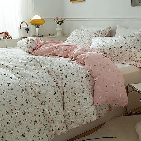 AMWAN Pink Floral Duvet Cover Full Size Cotton Garden Bedding Sets Kids Girls White Comforter Aesthetic Botanical Vintage Flower Print with Zipper Ties, Full (80''x90'') AMWAN