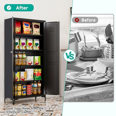 Metal Storage Cabinet with Doors and Shelves,Metal Pantry Cabinet,Black Craft Storage Cabinet,Ventilated Pantry Storage Cabinet,Tall Large Closet Cupboard for Home,Kitchen,Dining/Living/Laundry Room SISESOL
