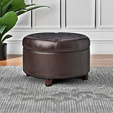Homepop Home Decor | Button Tufted Faux Leather Round Storage Ottoman | Ottoman with Storage for Living Room & Bedroom (Distressed Brown) HomePop