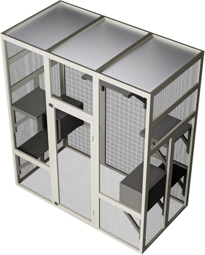 70" Large Outdoor Catio Cat Enclosure, Wood Cat Patio with Waterproof UV-Resistant Roof, Cats Shelter with 5 Platforms and 2 Resting Box, and Secure Rust-Proof Wire for Backyard or Patio IDEALHOUSE