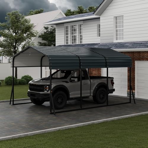 Metal Carport, 10x15 ft Car Port with Enhanced Base and Galvanized Steel Roof, Heavy Duty Garage Car Shelter Shade, Outdoor Canopy for SUV, Truck, Boats Garvee