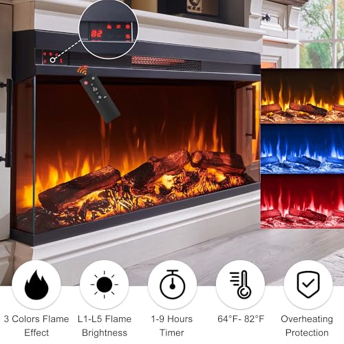 OKD 70" Fireplace TV Stand with 36" 3-Sided Glass Electric Fireplace & LED Lights, Modern Farmhouse Entertainment Center for TVs up to 80", Media Console w/Storage Drawer & Glass Door, Antique White OKD