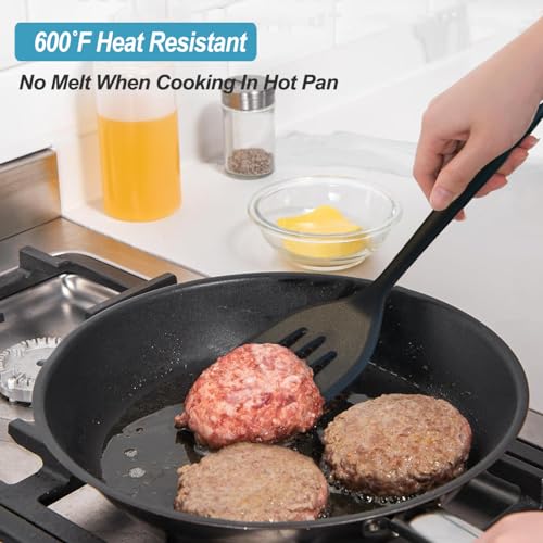 Silicone Spatula Turner Set, High Heat Resistant Spatulas with Seamless One Piece Design, Nonstick Rubber Flippers Utensils for Baking & Cooking,BPA-Free, Black,11 IN XiaoZu