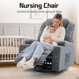 Korser Recliner Chair, 360° Manual Swivel Rocker Chair with Overstuffed Headrest, Rocking Chair with Massage and Heating, Lounge Chair with Cup Holders for Living Room, Bedroom, Nursery, RV, Chenille
