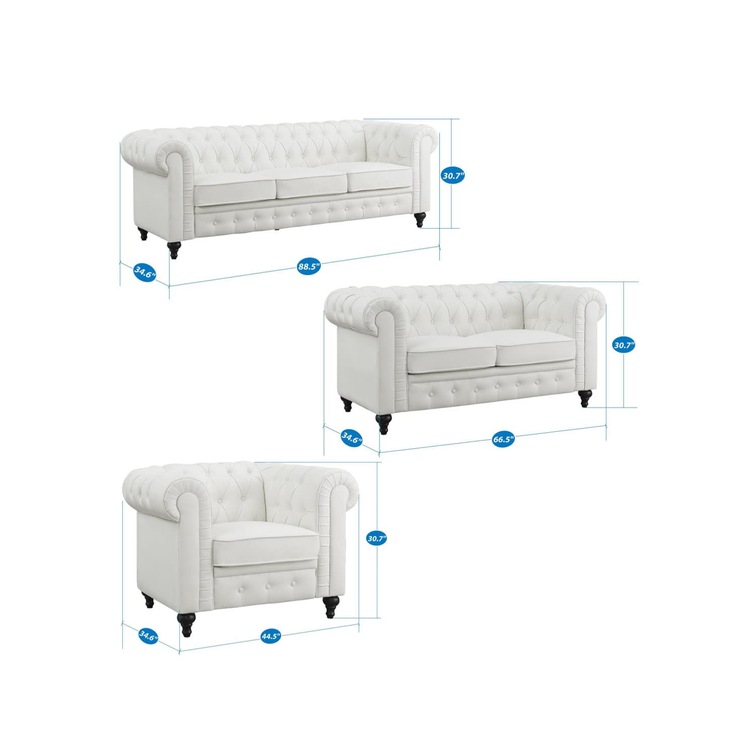 Naomi Home Chesterfield Sofa Set Living Room Chair Juegos Leather Couch Sofa Chair for Bedroom Modern Chesterfield Tufted Leather Chair Leather Sofas for Living Room (3 Piece Sofa Set, White) - WoodArtSupply