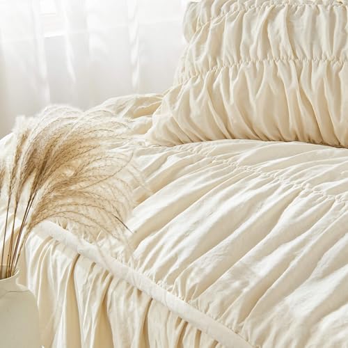 Bonlino Queen Comforter Set - Ruched Comforter Queen Size Bed Set Boho Shabby Chic Bedding for Bedroom Comforter Fluffy 3 Piece Ruffle Comforter Set with Pillow White Bedding Soft Bonlino