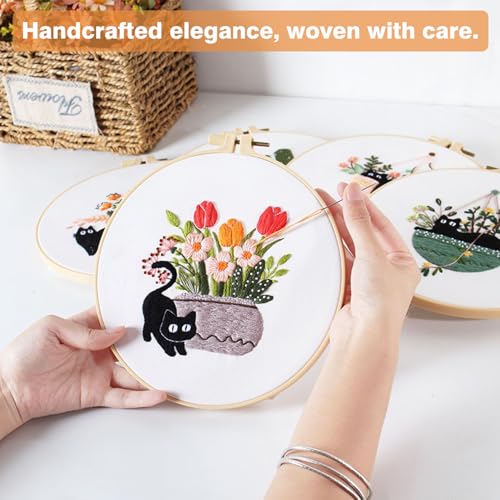 RidaaFri Embroidery Kit for Beginners, Set of 3 Stamped DIY Kits with Cat, Floral, Plant Patterns for Adults, Includes Hoop, Needles, Floss, Step-by-Step Video Tutorial, Complete Sewing Craft Supplies