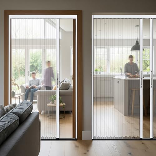 Interior Accordion Folding Door, No Drilling Retractable Sliding Doors with Lock, Customize Room Divider for Bathroom Closet Kitchen Patio, Aluminum Frame and Acrylic Panel CESOFWE