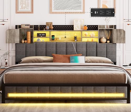 CSZZD Queen Bed Frame with Storage Bookcase Headboard & LED Lights, Upholstered Bed Frame Queen Size with USB Charging Station, Heavy Duty Metal Slats, No Box Spring Needed, Oak Gray