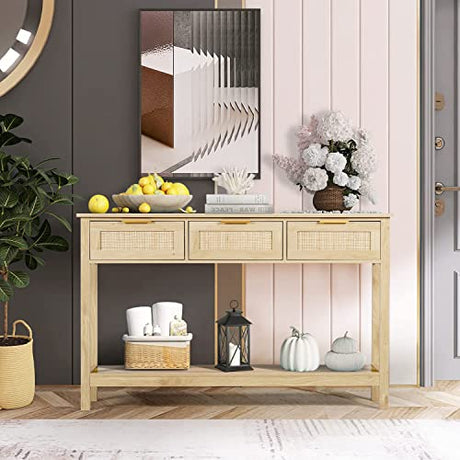 LAZZO Rattan Console Table Boho Entryway Table Narrow Long Sofa Table Hallway Foyer Table Behind Couch Table with 3 Drawers and Open Storage Shelf for Living Room and Corridor Natural Wood LAZZO